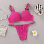 Textured Lace Push-Up Bra and Rhinestone Strap Thong Set