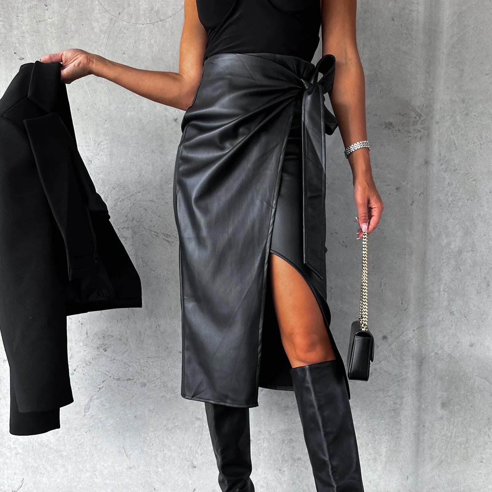 High Waist Faux Leather Mini Skirt Side Slit Alternative Fashion Bottom