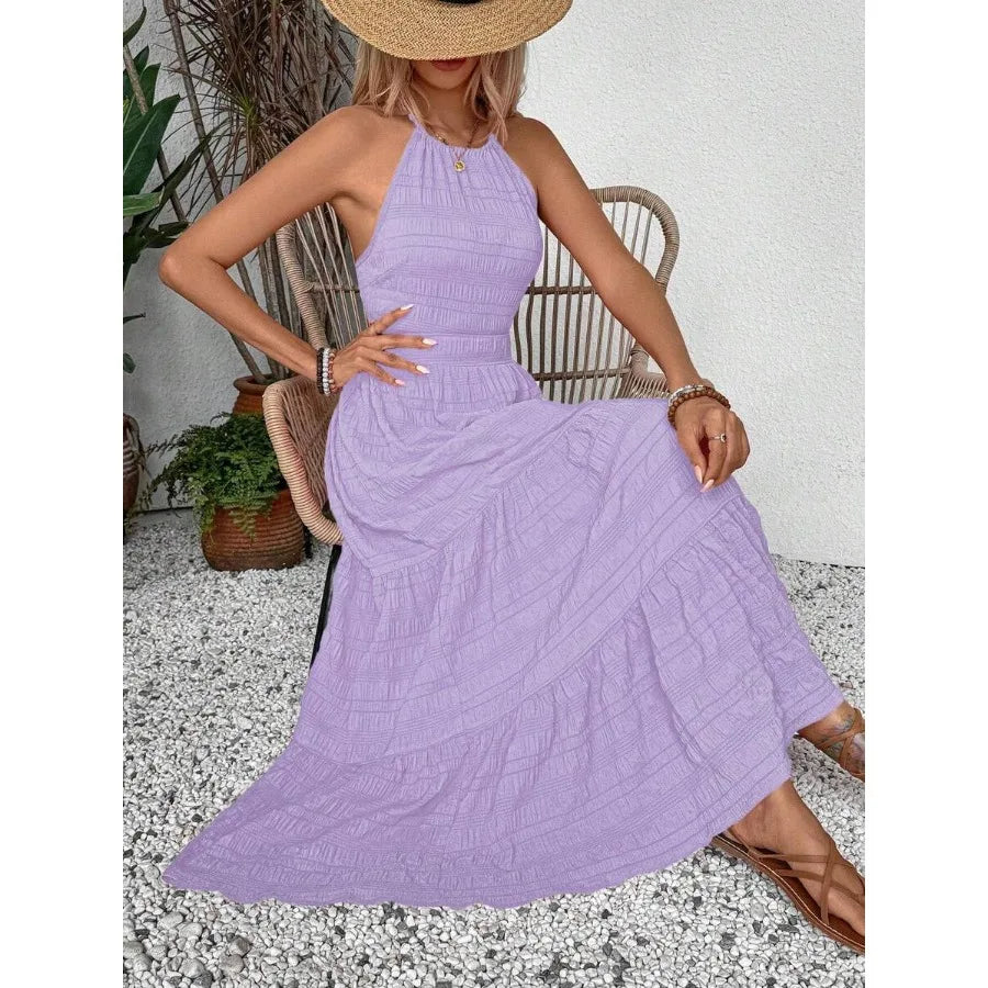 Textured Back Strap Tiered Maxi Dress with Flowy Frill Hem Design