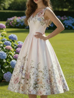 Elegant White Floral Print Swing Dress with V-Neckline and Pleated Skirt
