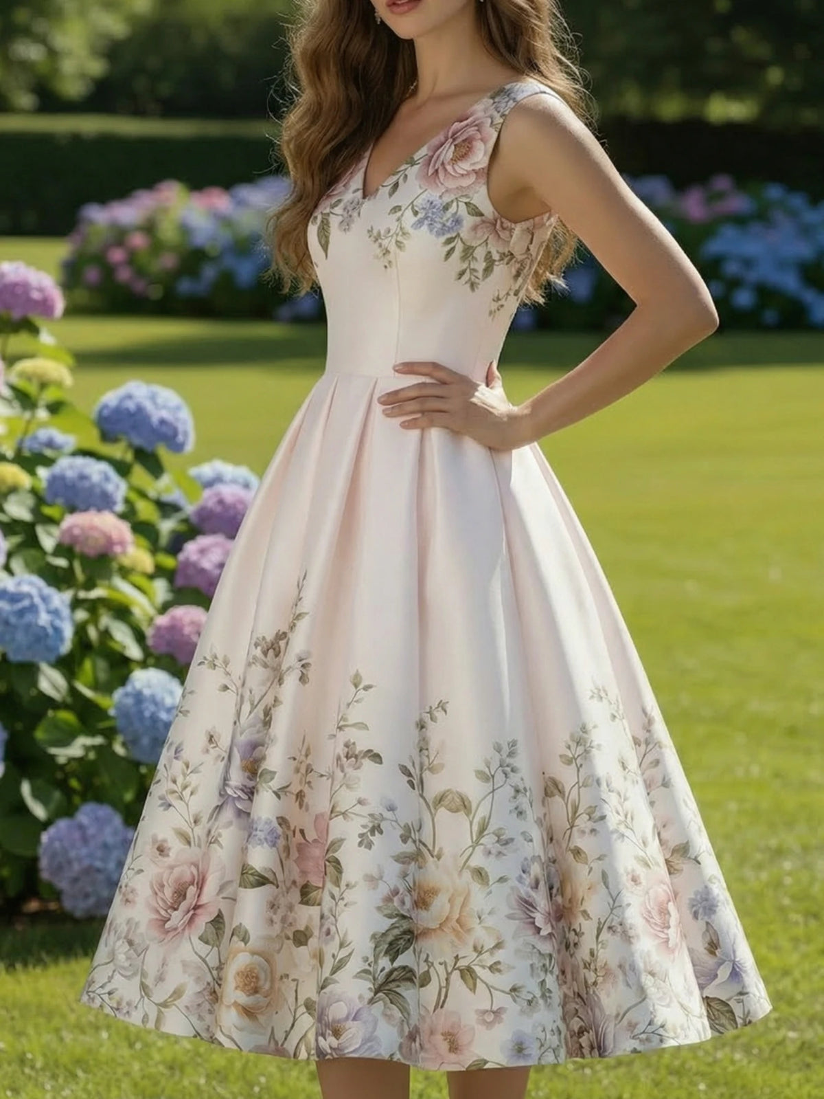 Elegant White Floral Print Swing Dress with V-Neckline and Pleated Skirt
