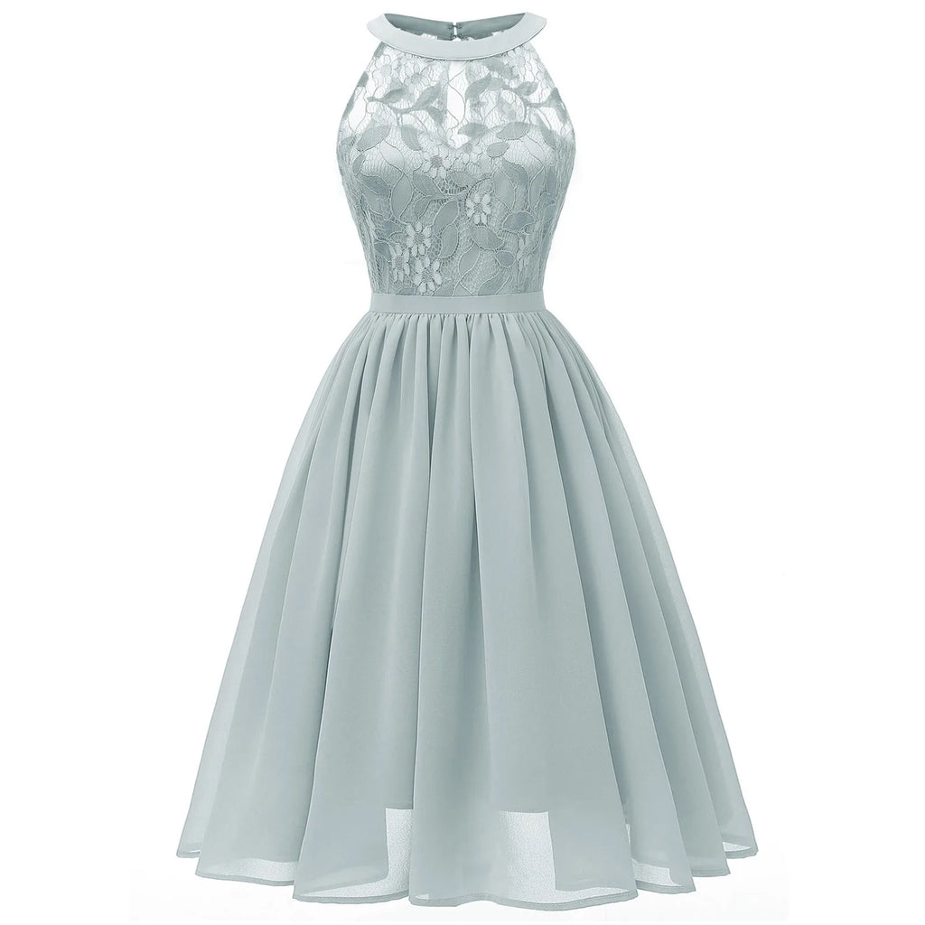 Sleeveless A-Line Chiffon-Style Dress with Lace Halter Bodice