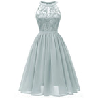 Sleeveless A-Line Chiffon-Style Dress with Lace Halter Bodice