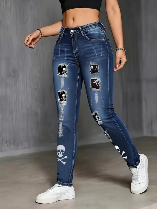 Women's Mid-Rise Patchwork Detail Slim Straight Denim Jeans with Comfortable Stretch Everyday Style