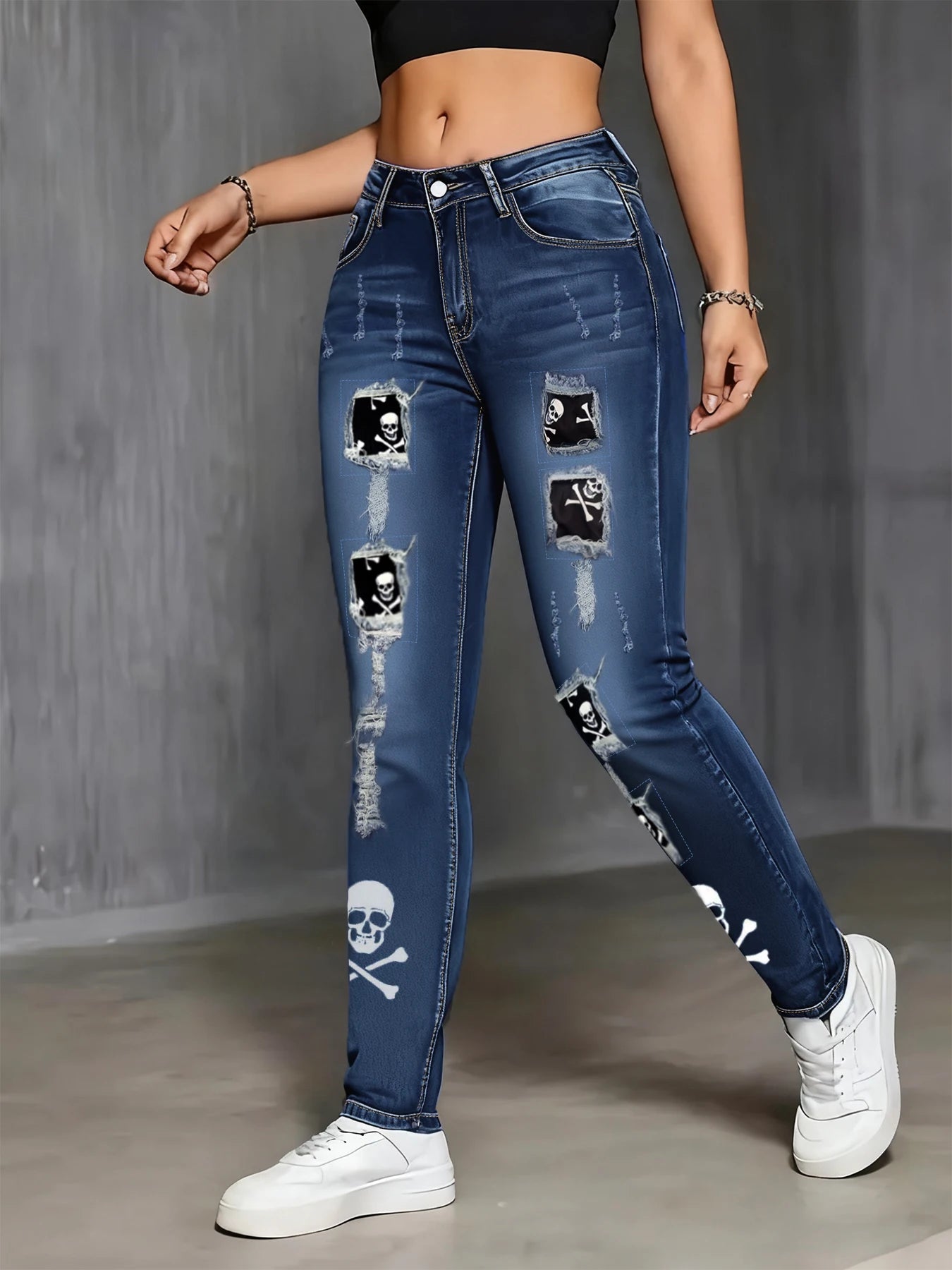 Women's Mid-Rise Patchwork Detail Slim Straight Denim Jeans with Comfortable Stretch Everyday Style