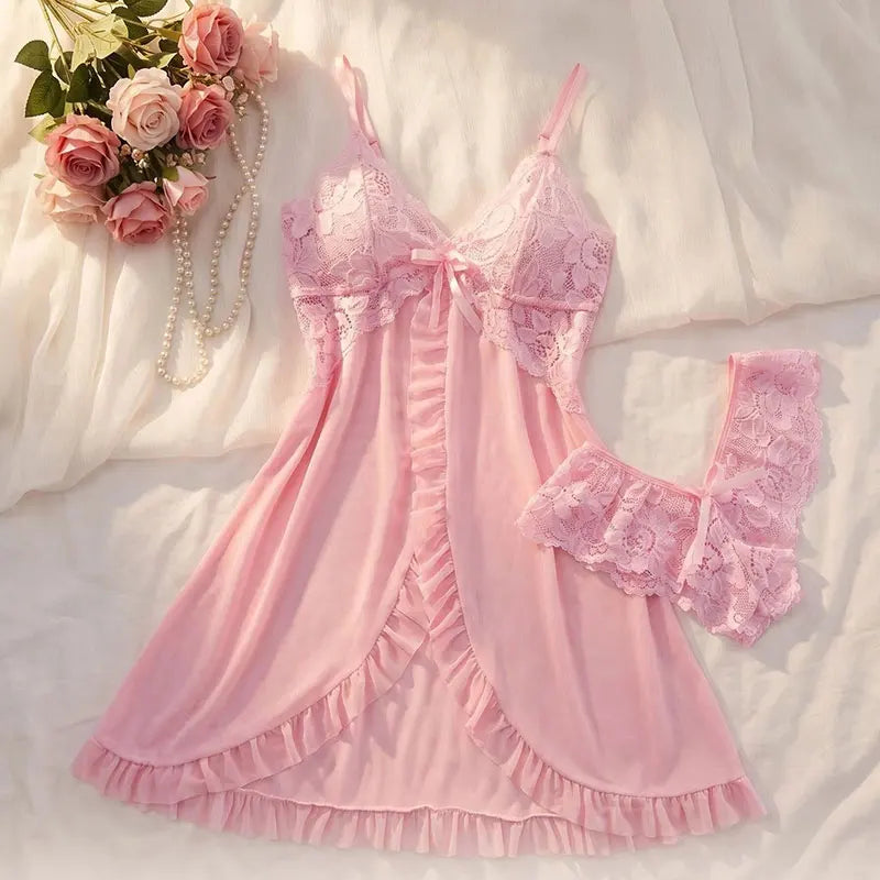 Romantic White Sheer Babydoll Lingerie Set with Ruffled Trim and Lace Bodice