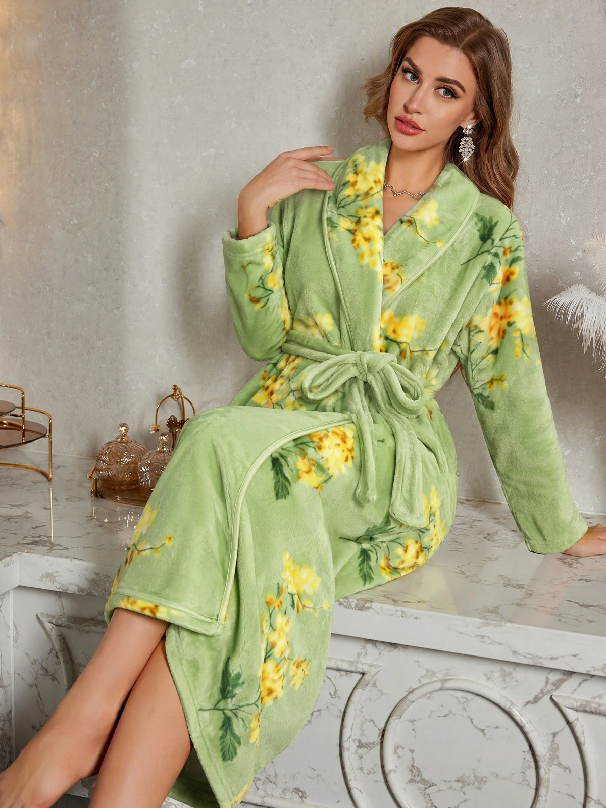 Plush Floral Print Flannel Wrap Robe with Pockets and Matching Belt