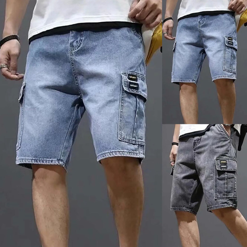 Men's Loose Fit Denim Cargo Shorts with Utility Pockets and Casual Streetwear Style