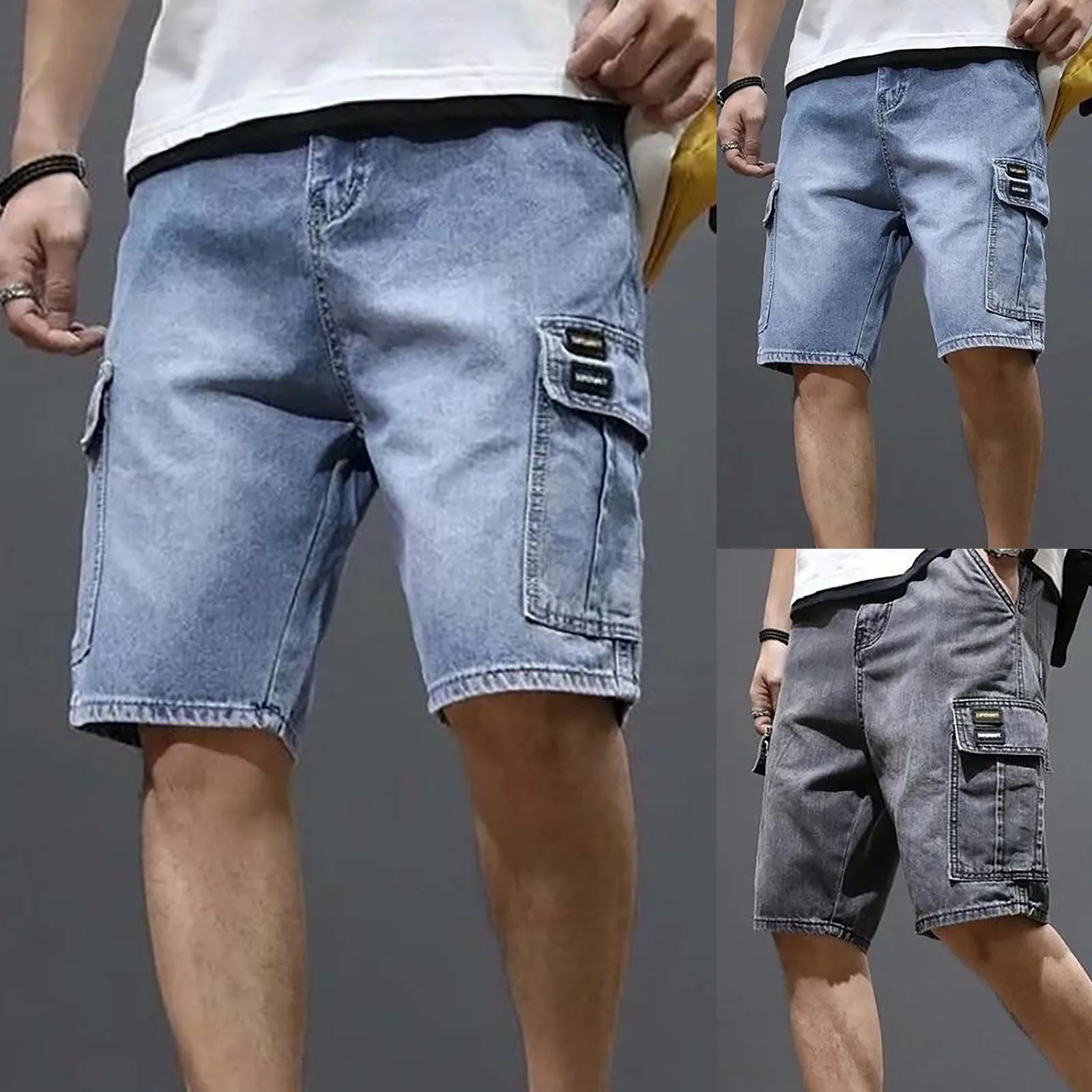 Men's Loose Fit Denim Cargo Shorts with Utility Pockets and Casual Streetwear Style