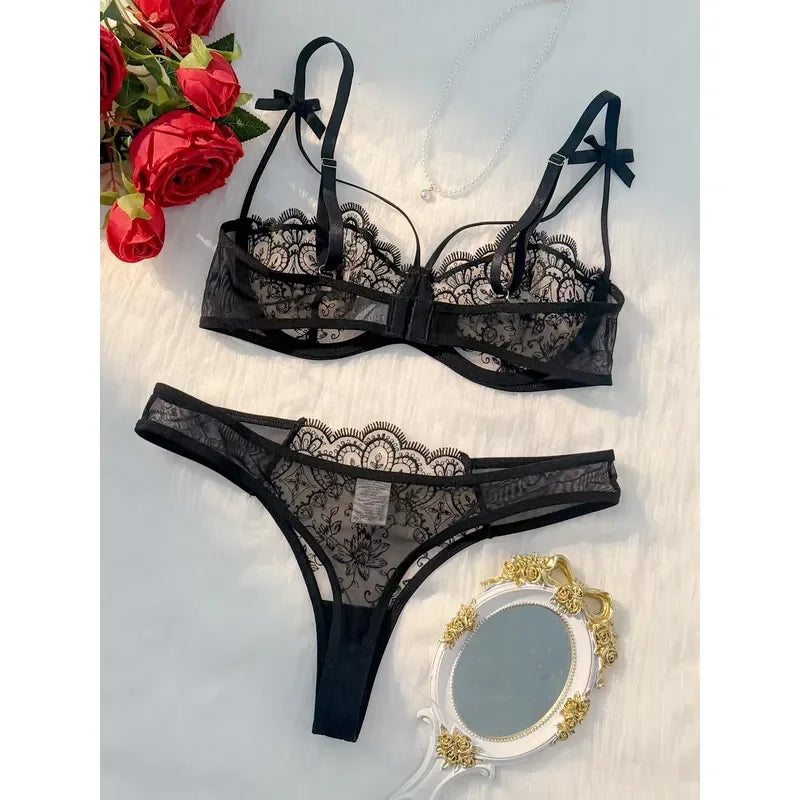 Sheer Embroidered Demi Bra and Strappy Cutout Thong Set with Bow-Accented Harness Details