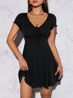 Heathered Taupe Short-Sleeve Fit and Flare Mini Dress