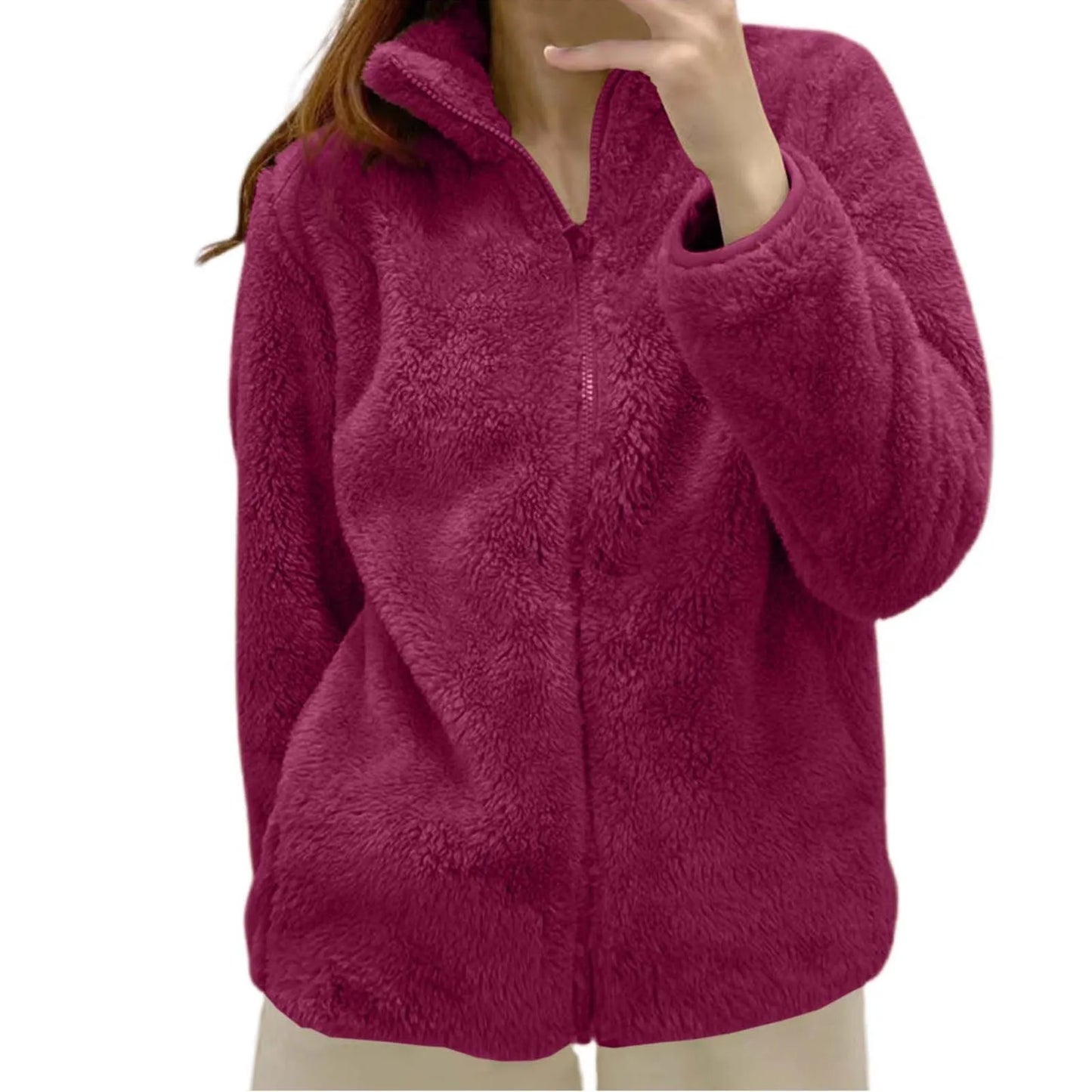 Women's Plush Polar Fleece Zip Jacket with Relaxed Everyday Streetwear Layering Fit