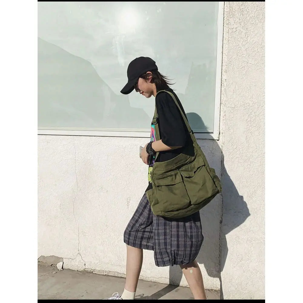 Utility Canvas Messenger Tote Bag with Oversized Crossbody Carry Design