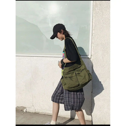 Utility Canvas Messenger Tote Bag with Oversized Crossbody Carry Design