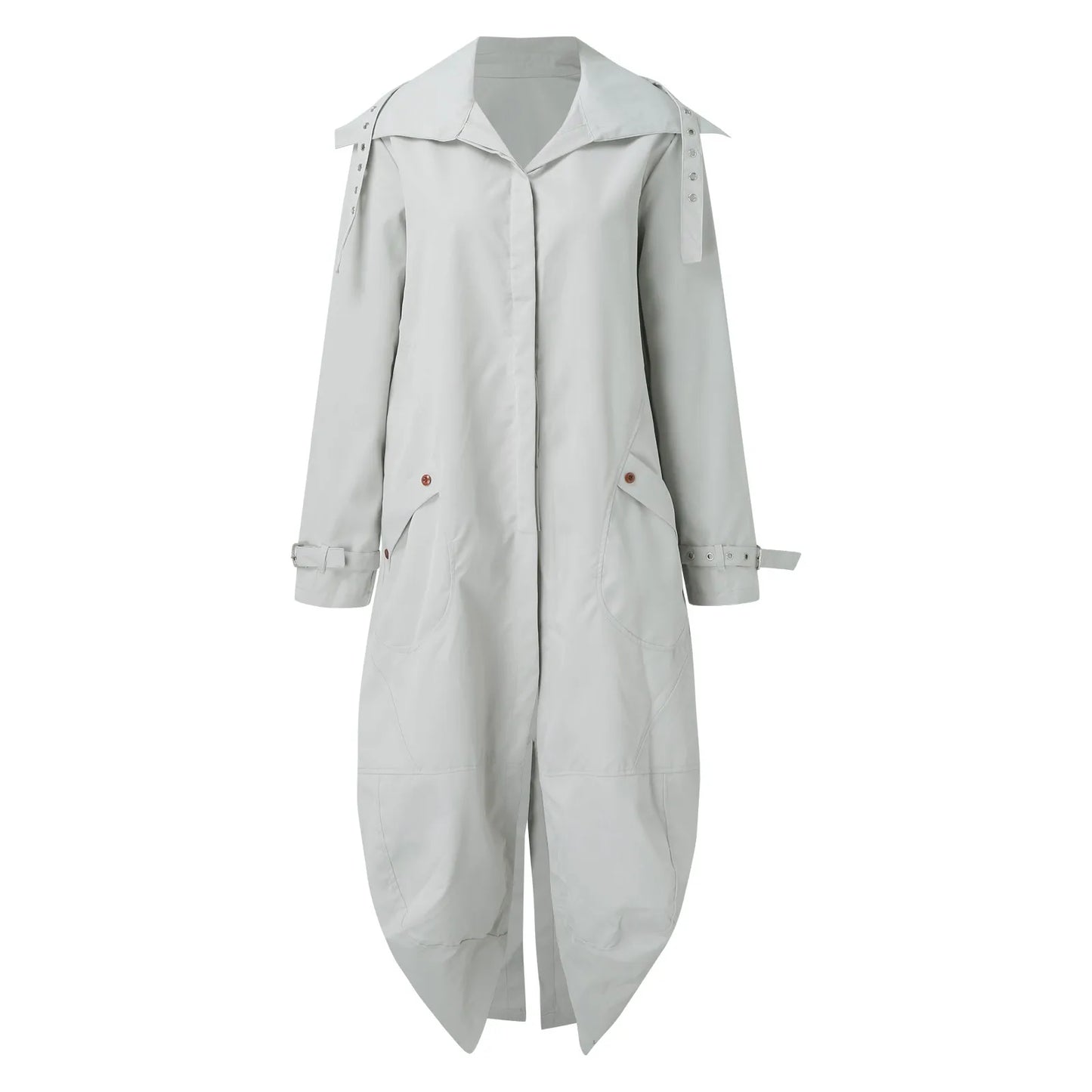 Women's Oversized Hooded Longline Trench Coat with Button Front Casual Streetwear Outerwear
