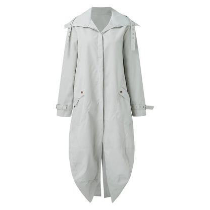 Women's Oversized Hooded Longline Trench Coat with Button Front Casual Streetwear Outerwear