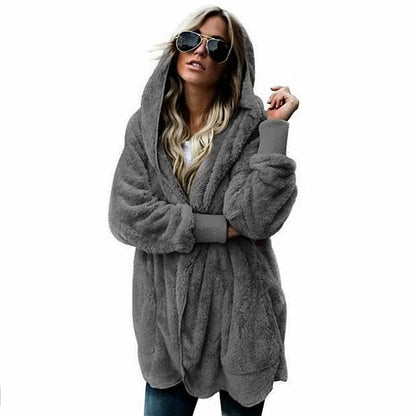 Women's Hooded Plush Fleece Cardigan Open Front Cozy Casual Layering Jacket