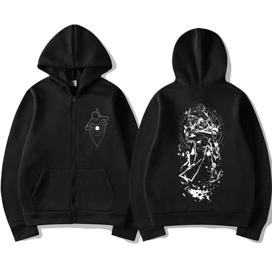 Anime Streetwear Zip Hoodie With Manga Style Graphic Back Artwork
