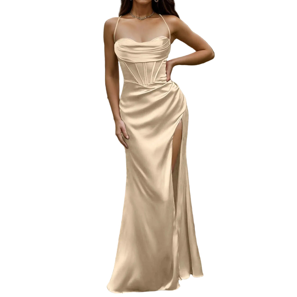 Satin Finish Corset Inspired Maxi Dress with Sculpted Silhouette