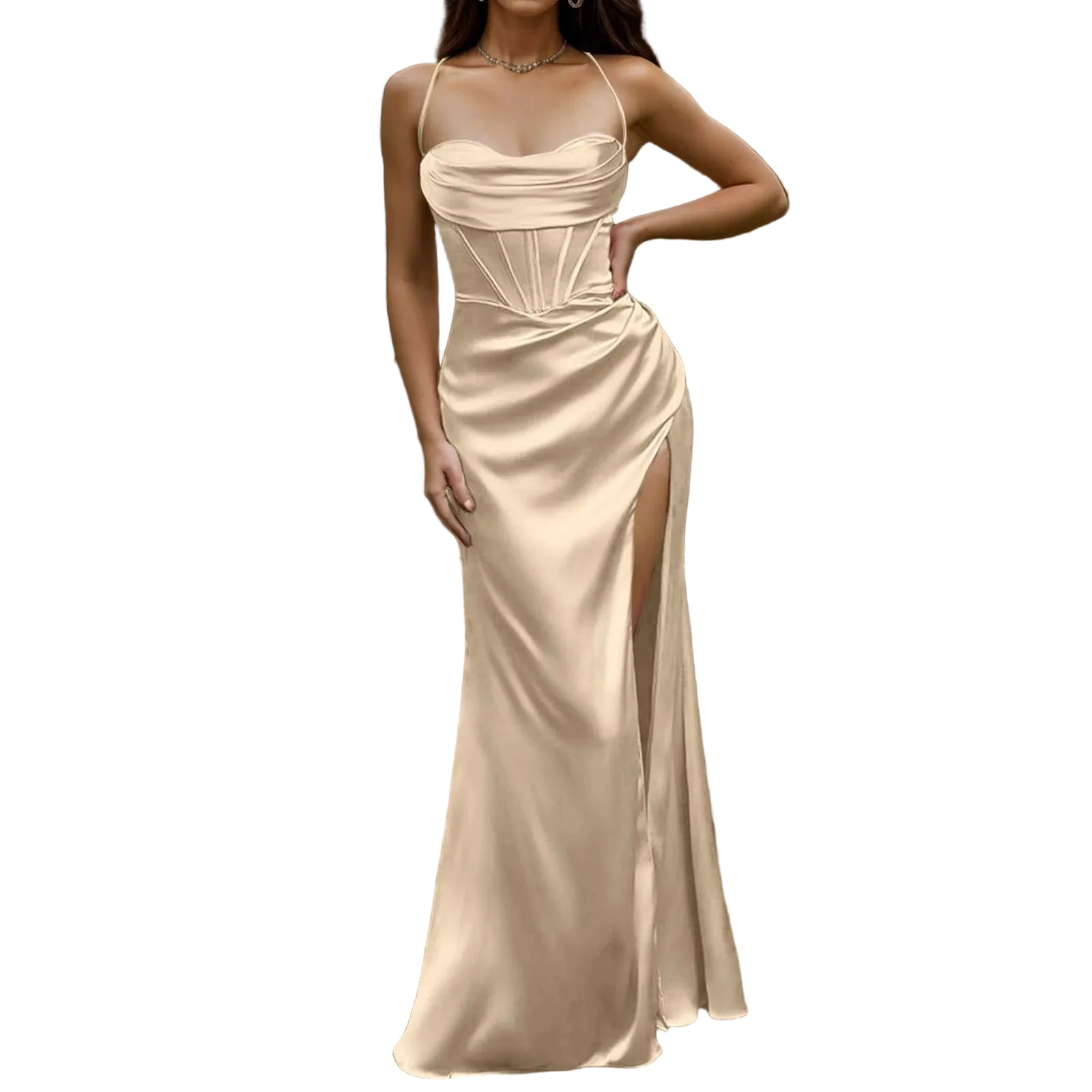 Satin Finish Corset Inspired Maxi Dress with Sculpted Silhouette