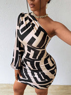 Geometric One Shoulder Bodycon Mini Dress with Lantern Sleeve Statement Design