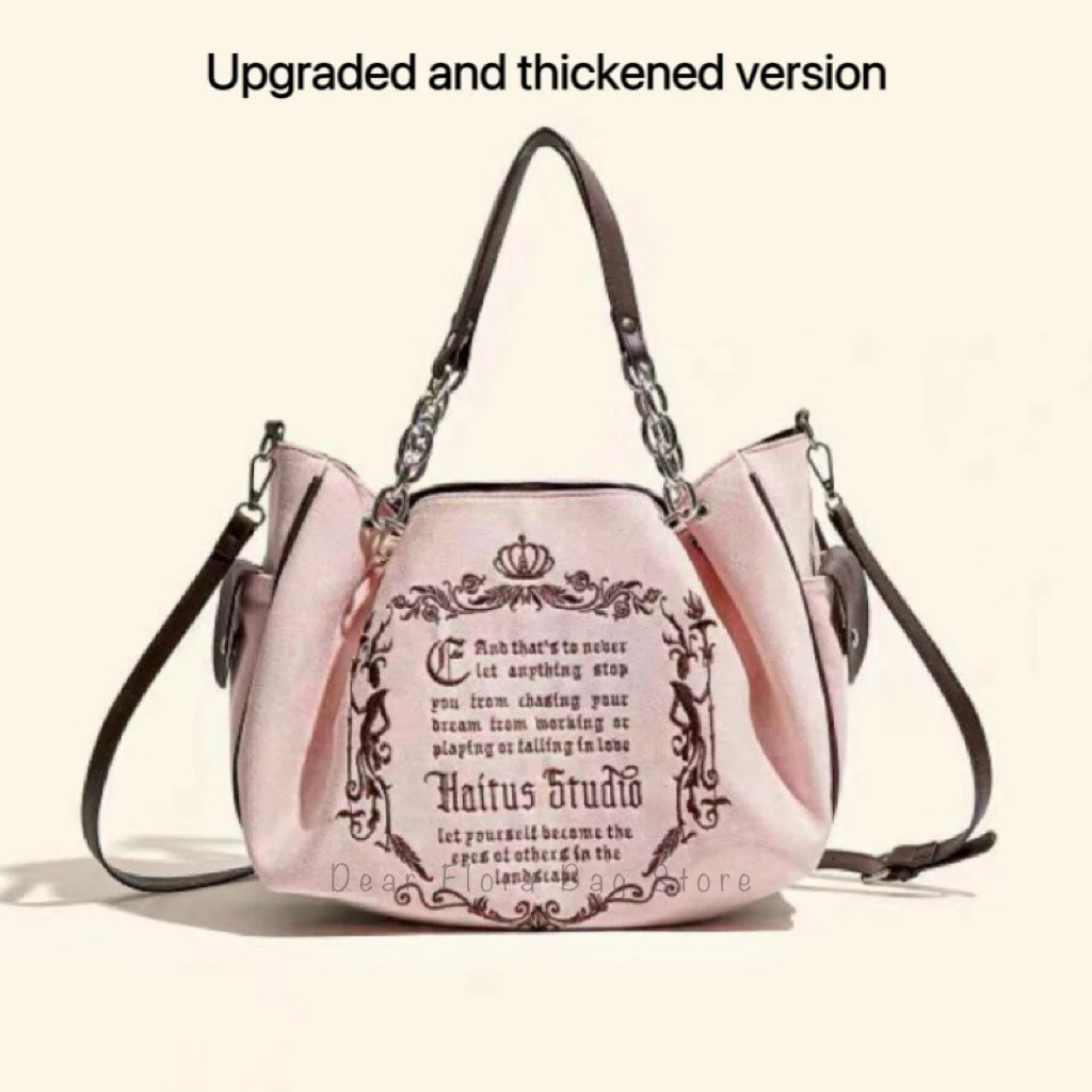 Vintage Inspired Graphic Tote Bag with Chain Accents Large Capacity Design