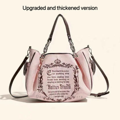 Vintage Inspired Graphic Tote Bag with Chain Accents Large Capacity Design