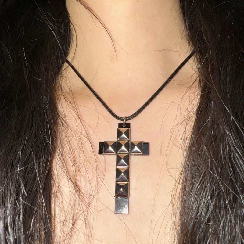 Studded Cross Pendant Necklace for Punk Grunge and Alternative Fashion Styling