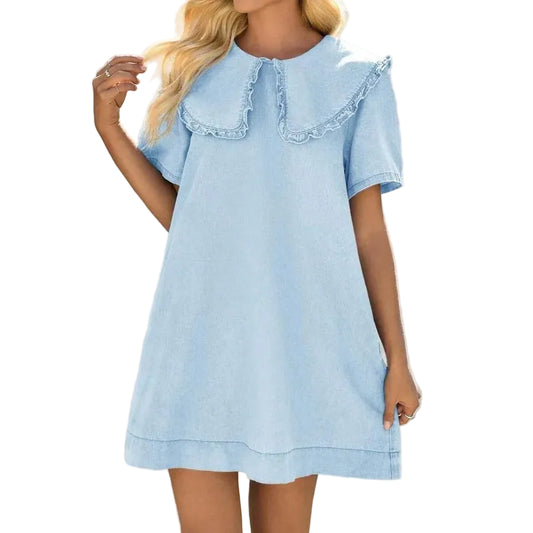 Oversized Collar Babydoll Mini Dress with Short Sleeves and Relaxed Fit