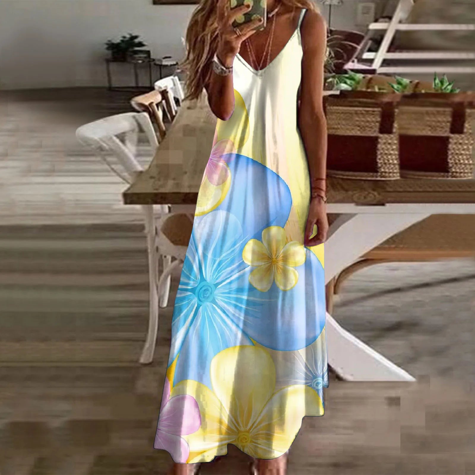 Oversized Sleeveless Maxi Dress with V Neck and Artistic Print Design
