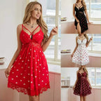 Deep Red Heart Print Silk Nightgown with Strappy Neckline and Lace Trim
