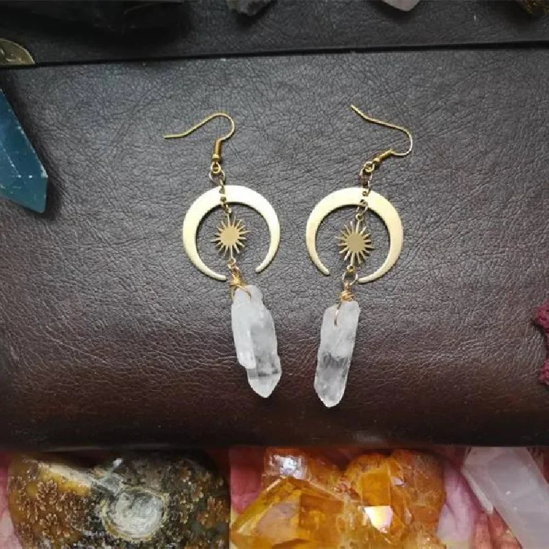 Witchcore Sun and Crescent Moon Crystal Drop Statement Earrings