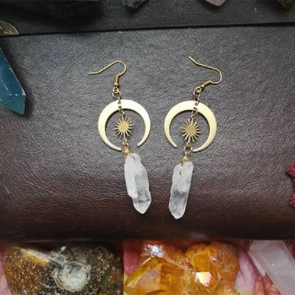 Witchcore Sun and Crescent Moon Crystal Drop Statement Earrings