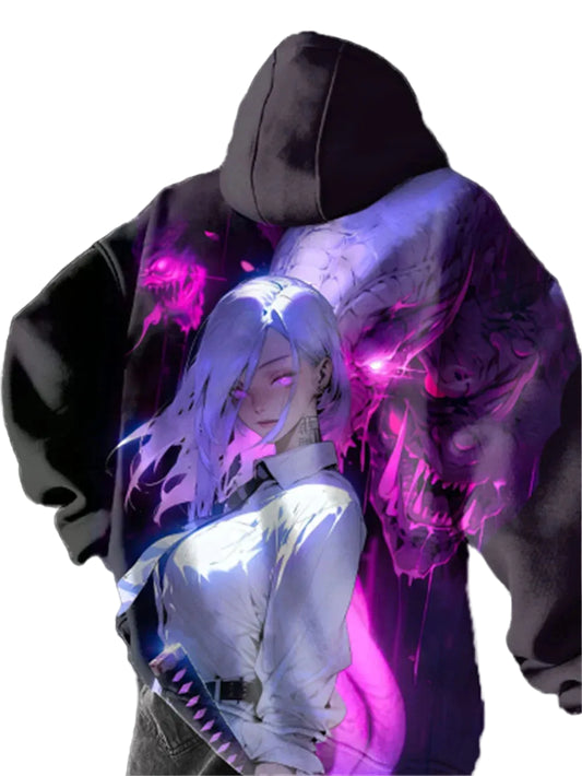 Oversized Anime Graphic Hoodie with Futuristic Manga Art Aesthetic