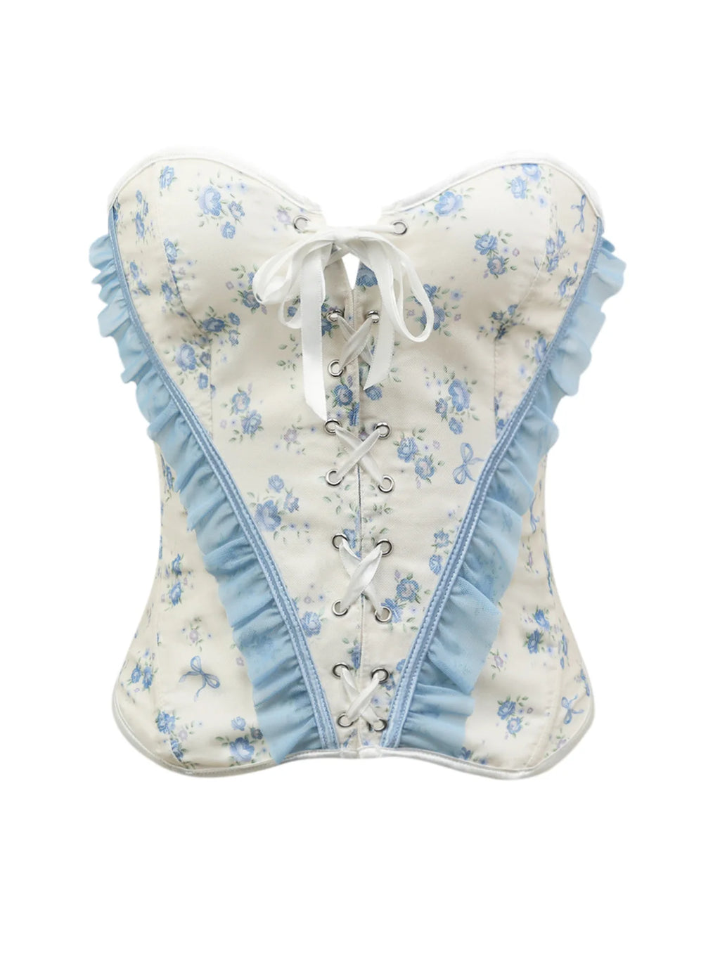 Blue and White Floral Strapless Corset with Ruffled Edging and Front Lace-Up
