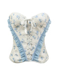 Blue and White Floral Strapless Corset with Ruffled Edging and Front Lace-Up