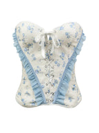 Blue and White Floral Strapless Corset with Ruffled Edging and Front Lace-Up