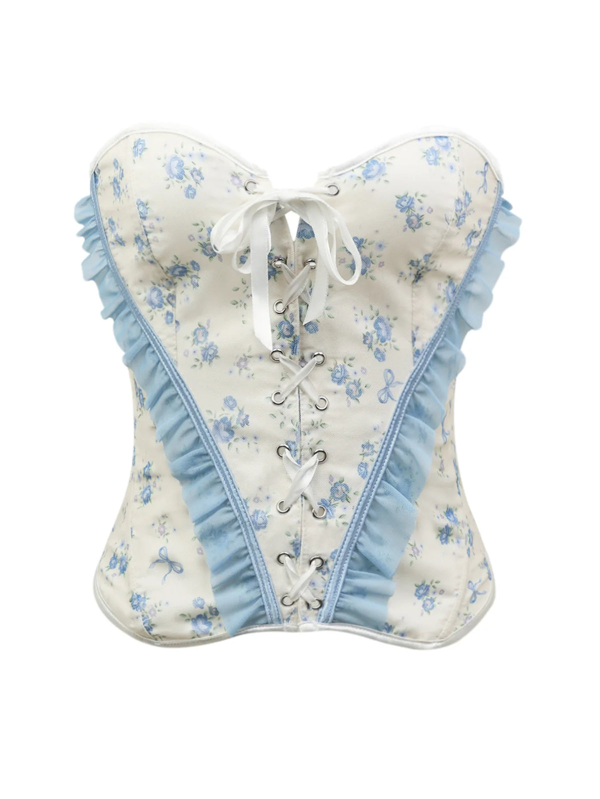 Blue and White Floral Strapless Corset with Ruffled Edging and Front Lace-Up