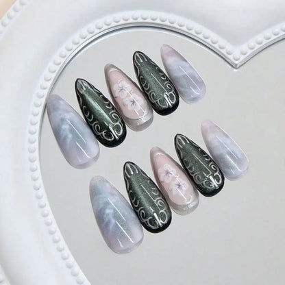 Celestial Marble Fantasy Press On Nails with Crystal Accent Art Design