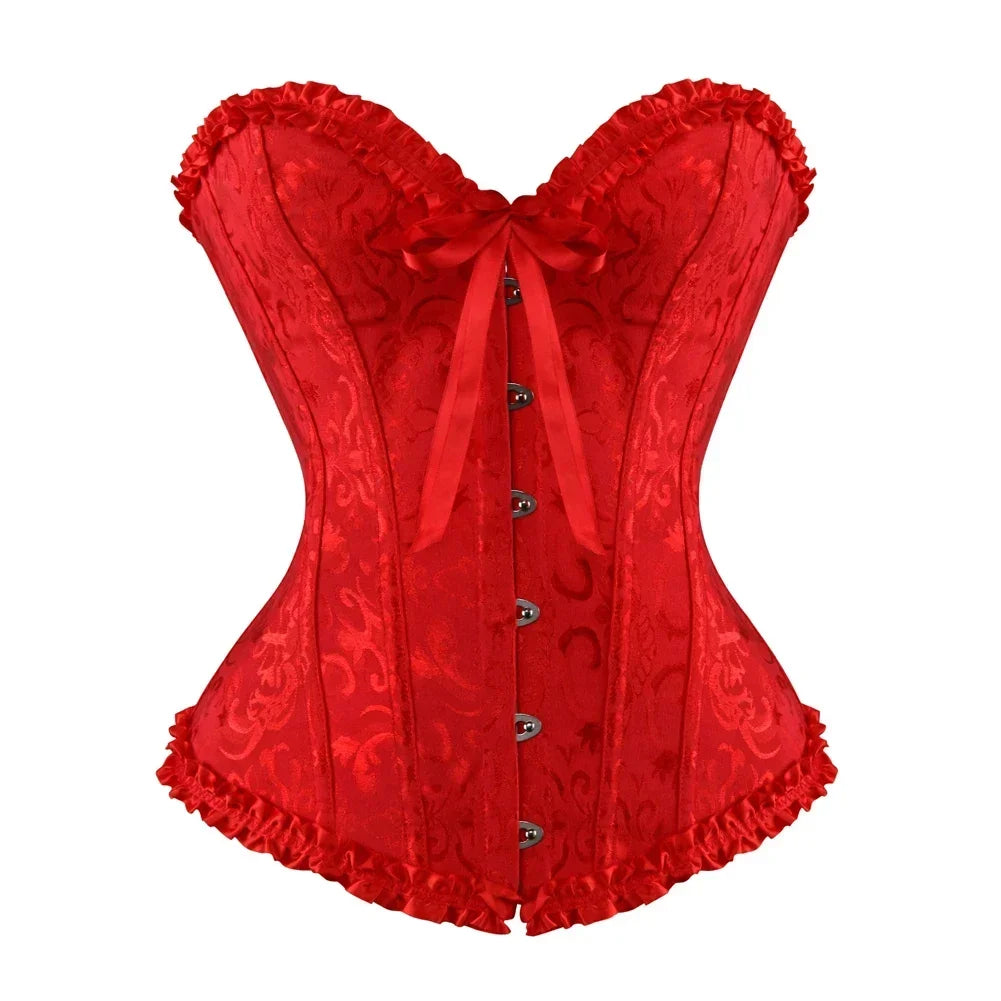 Floral Lace Overbust Corset with Structured Boning and Decorative Bow Detail