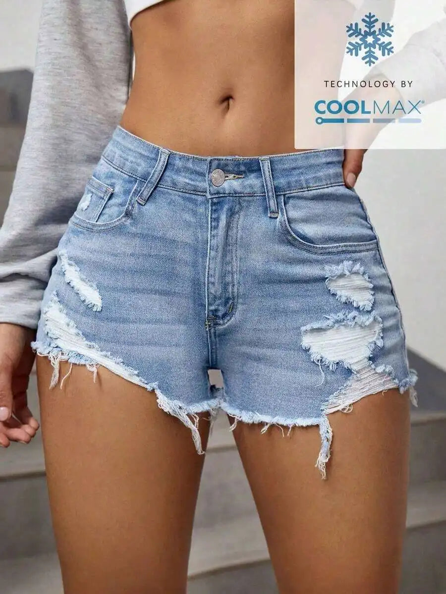 Women's High Waist Distressed Denim Shorts with Frayed Details and Casual Everyday Fit