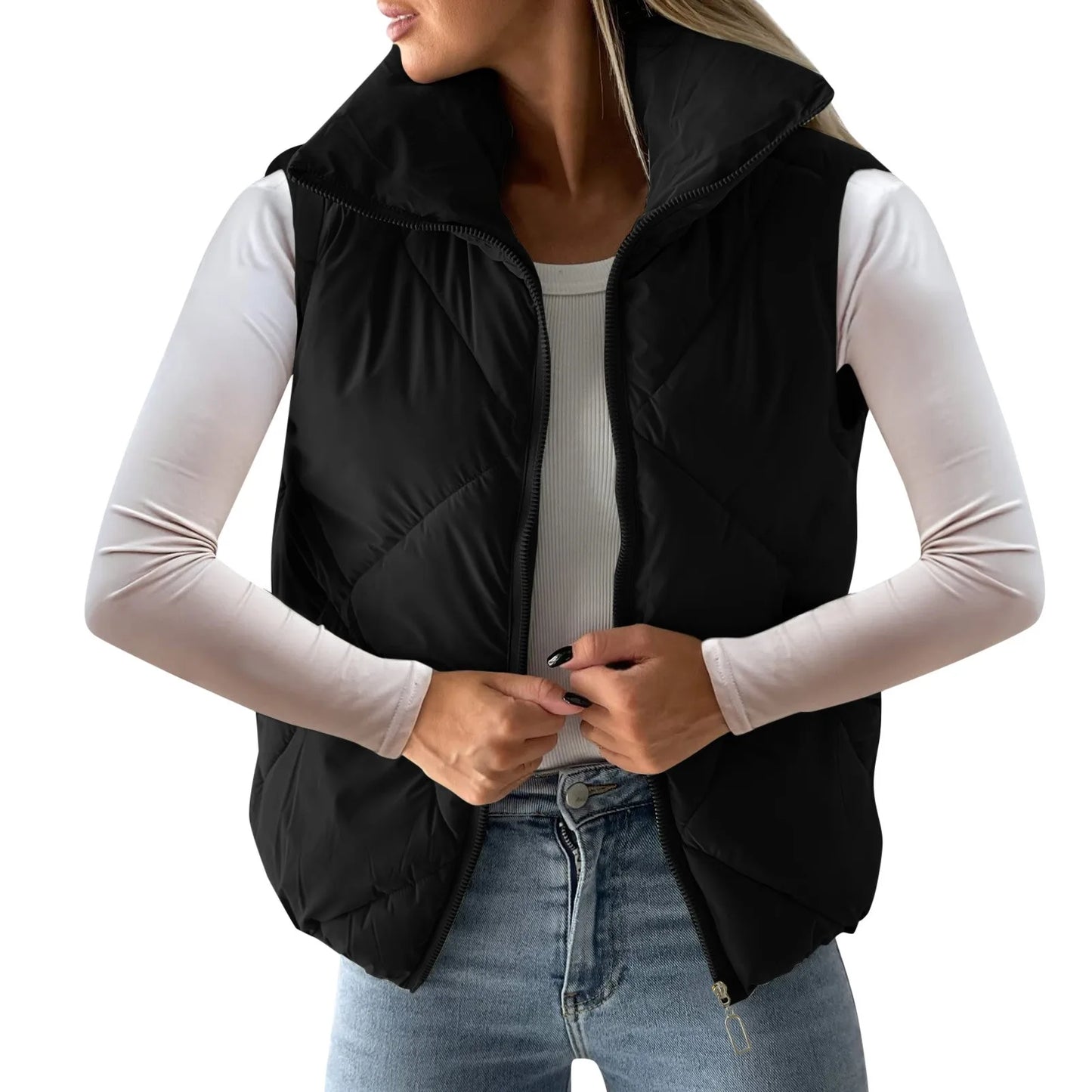 Women's Quilted Sleeveless Puffer Vest Relaxed Lightweight Streetwear Layering Waistcoat