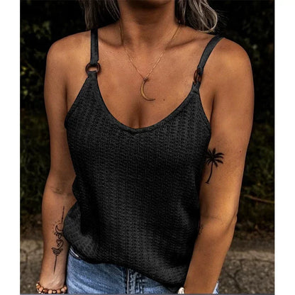 Relaxed Knit Tank Top with Thin Straps Square Neck Contemporary Casual Style