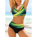 Geometric Print Cross-Front Bikini Top with High-Waisted Color-Block Bottoms