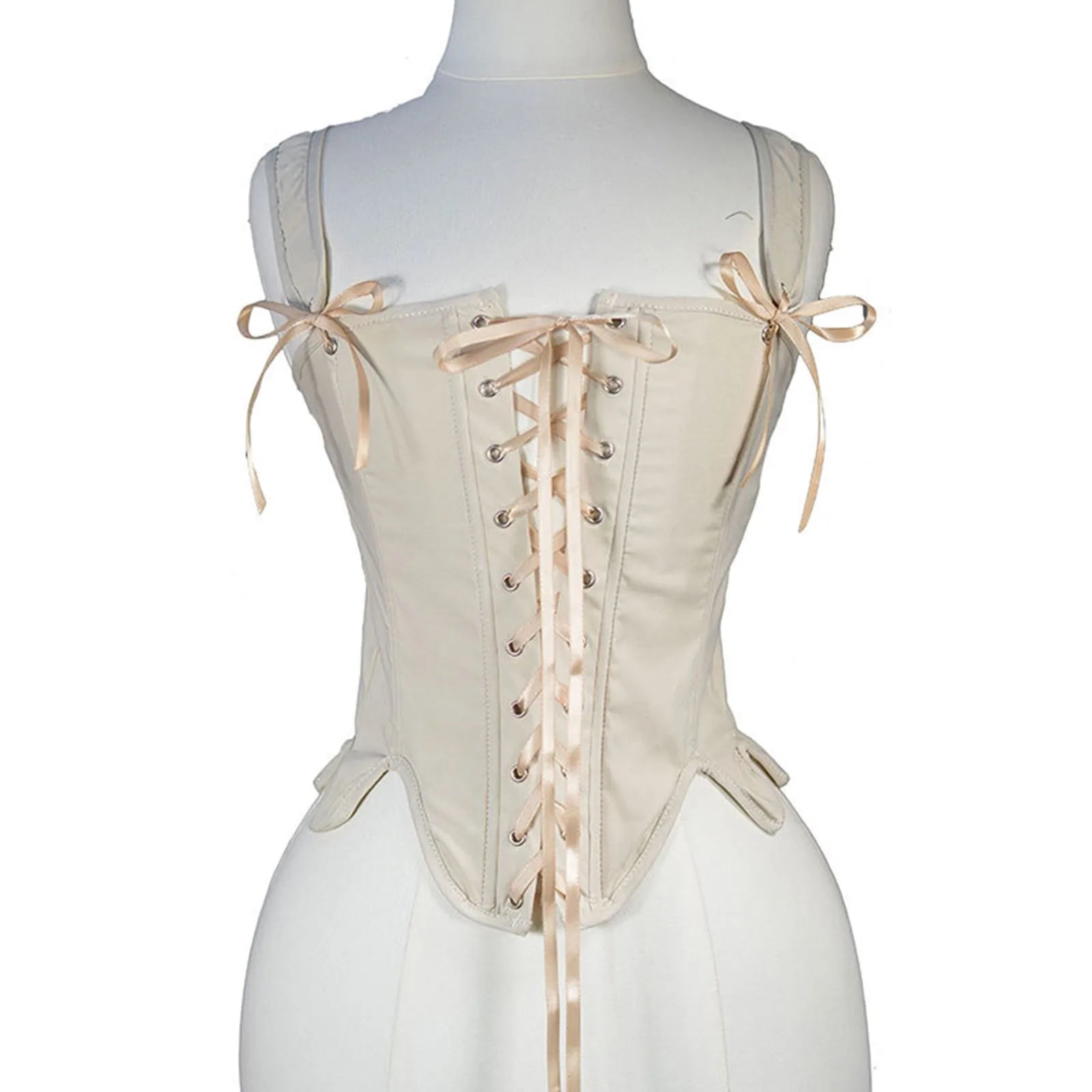 Vintage-Inspired Lace-Up Corset Top with Structured Bodice and Shoulder Ties