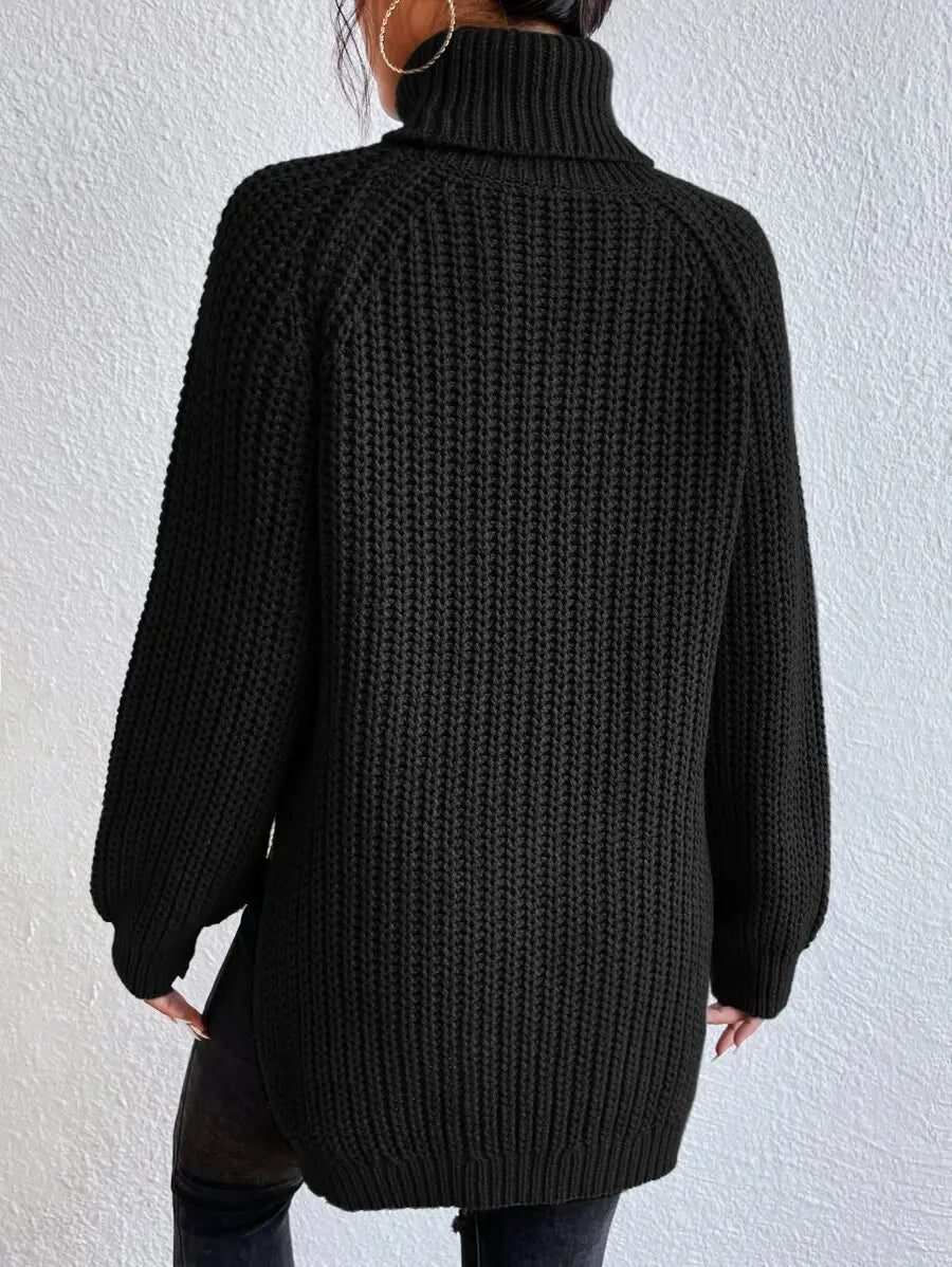 Women's Oversized Turtleneck Knit Sweater with Raglan Sleeves and Relaxed Silhouette