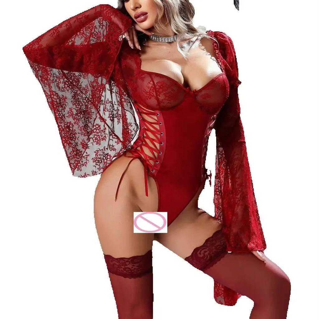 Romantic Red Floral Lace Bodysuit with Sheer Flared Sleeves and Lace-Up Side Detailing