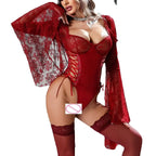 Romantic Red Floral Lace Bodysuit with Sheer Flared Sleeves and Lace-Up Side Detailing