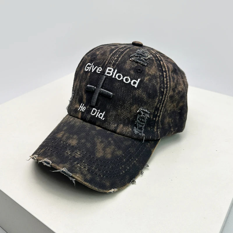 Vintage Embroidered Adjustable Cotton Baseball Cap with Distressed Finish for Casual Streetwear Fashion
