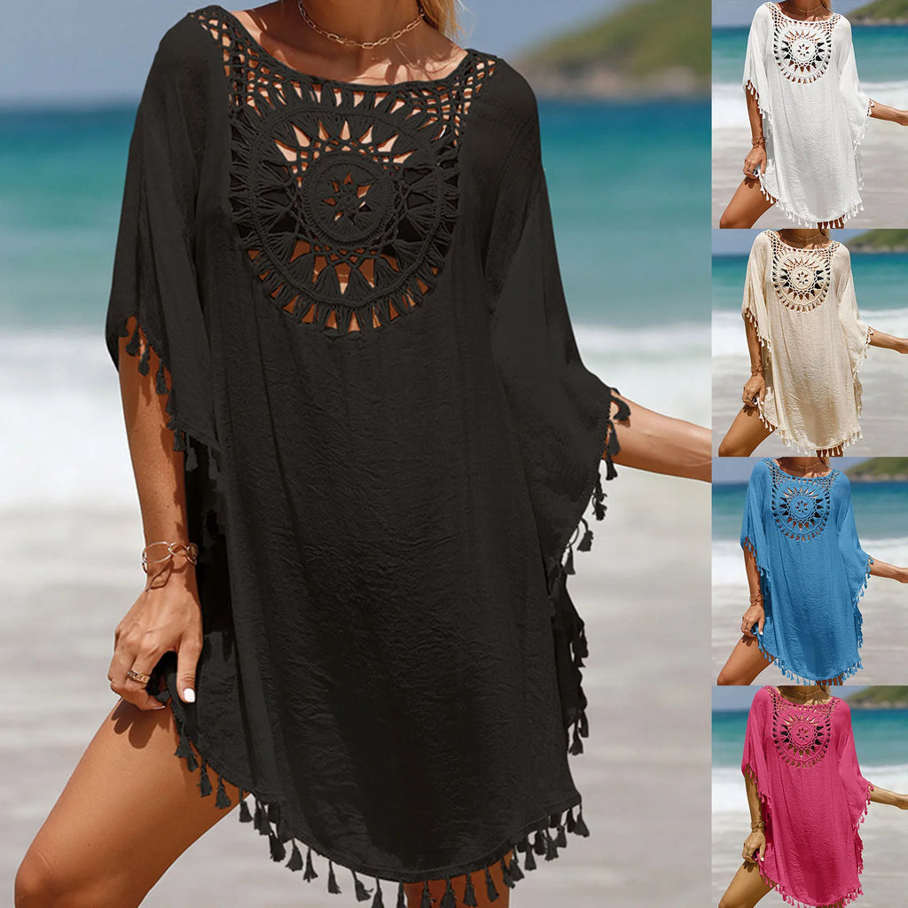 Boho Crochet Beach Cover-Up Tunic with Tassel Details, Loose Open-Knit Design and Bikini Layering Silhouette